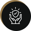 Hands holding shield icon on black background.